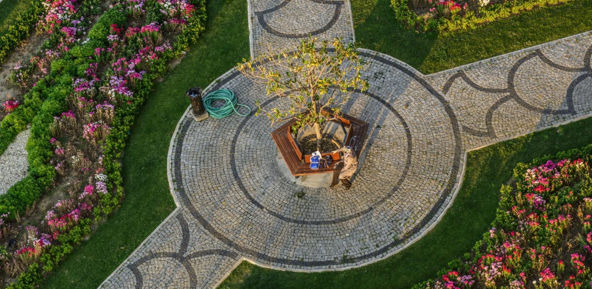 View of Kordon Street, ferry pier and high-rise buildings from the sea in Izmir Passport area